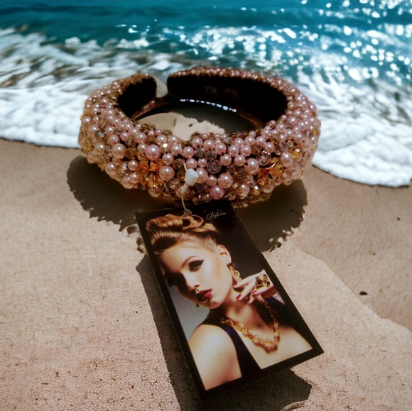 Pink Faux Pearl Metal Flowers with Rhinestone and Crystals Headbands - Picture 3 of 3